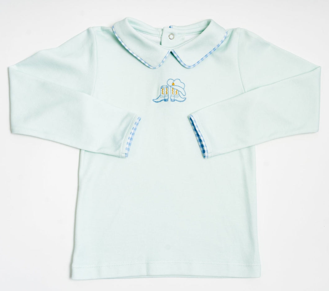 Boy Peter Pan Shirt: Hand Embroidered Boots, Sample Size 3T