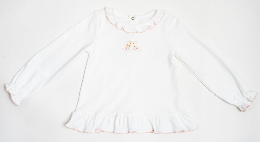 Girl Ruffle Top: Hand Embroidered Boots, Sample Size 3T