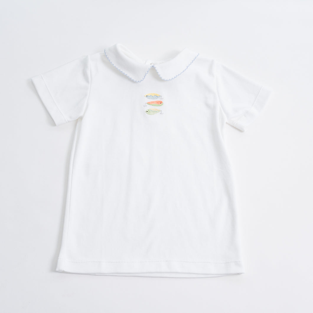 Boy Peter Pan Shirt with Hand Embroidery: Lures, Sample Size 4T