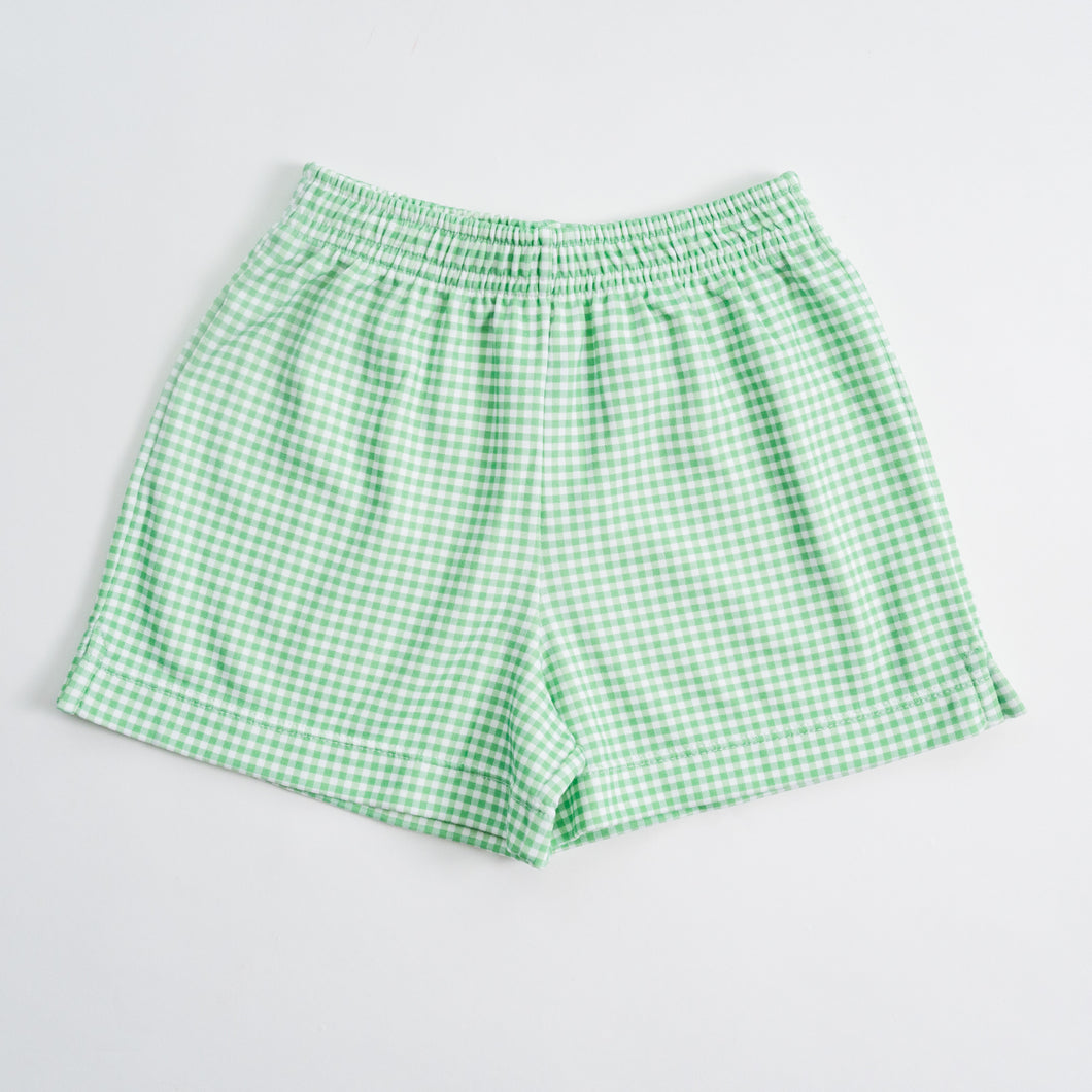 Boy Knit Shorts: Green Gingham, Sample Size 4T