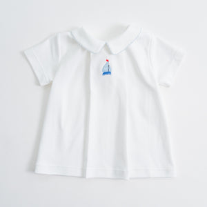 Boy Pleated Hand Embroidered Short Sleeve Shirt: Sailboat, Sample Size 18m