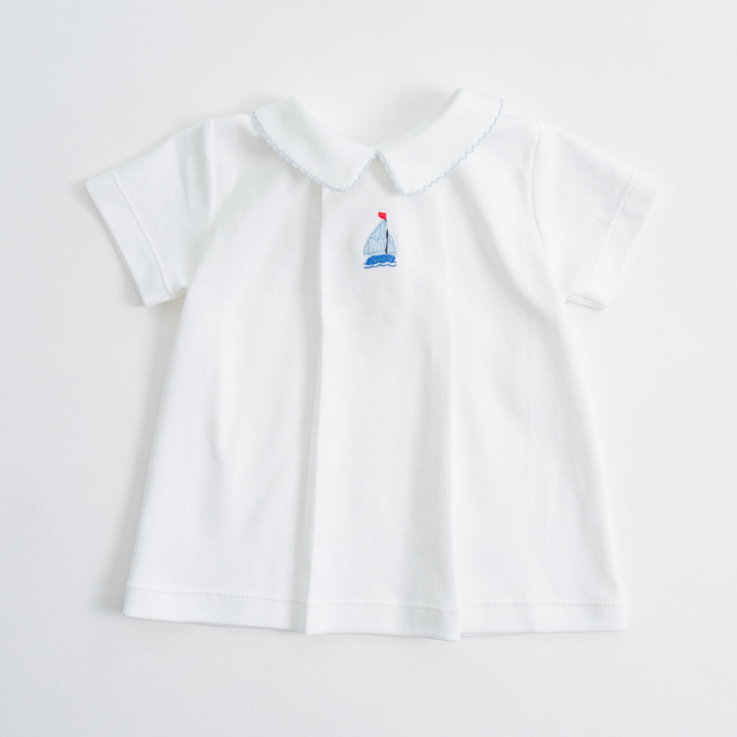 Boy Pleated Hand Embroidered Short Sleeve Shirt: Sailboat, Sample Size 18m