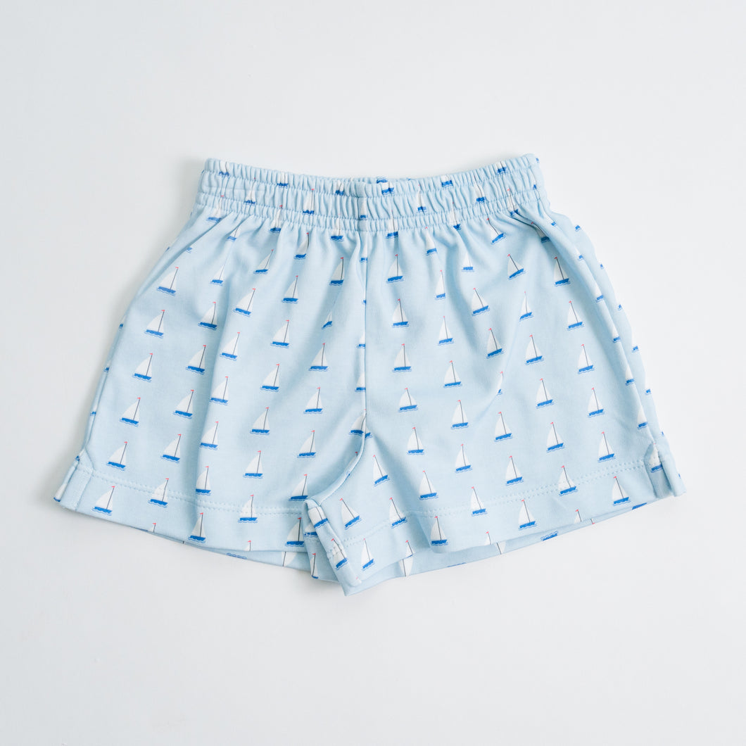 Boy Knit Shorts: Blue Sailboats