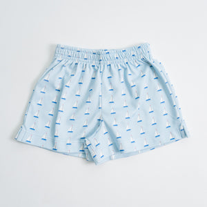 Boy Knit Shorts: Blue Sailboats, Sample Size 2T