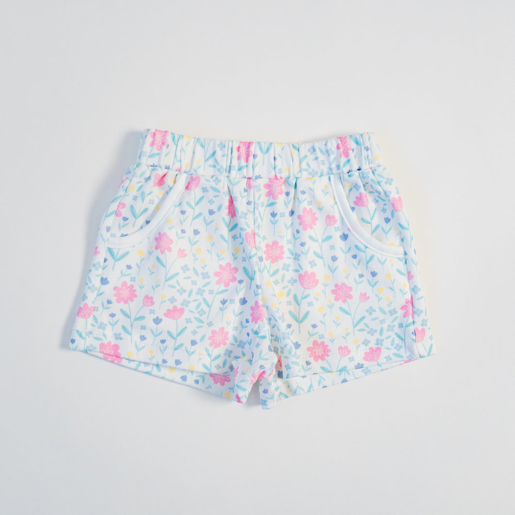 Girl Knit Shorts: Aqua Floral, Sample Size 4T