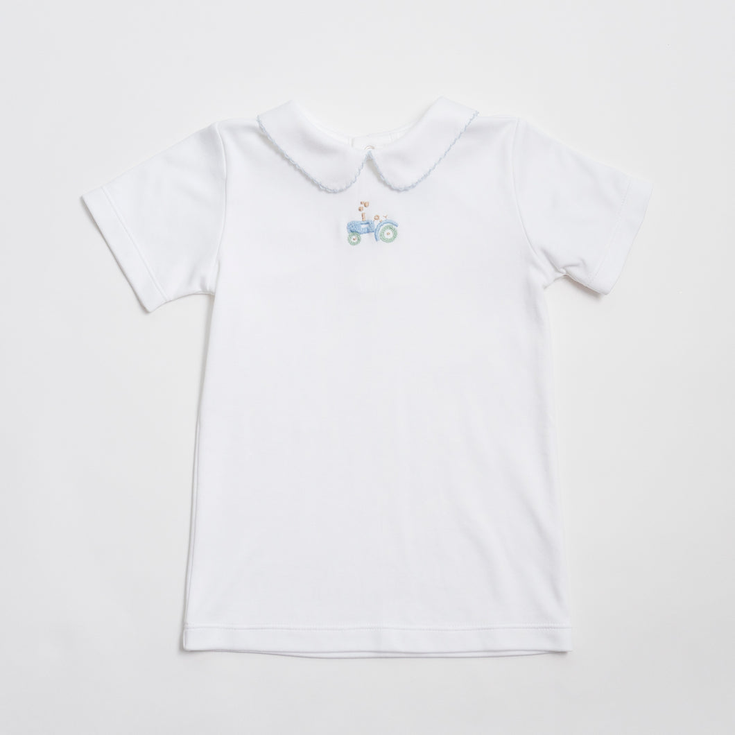 Boy Peter Pan Shirt with Hand Embroidered Tractor