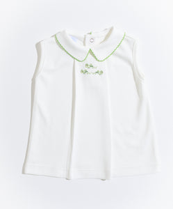 Boy Pleated Sleeveless Shirt with Hand Embroidery : Grasshoppers