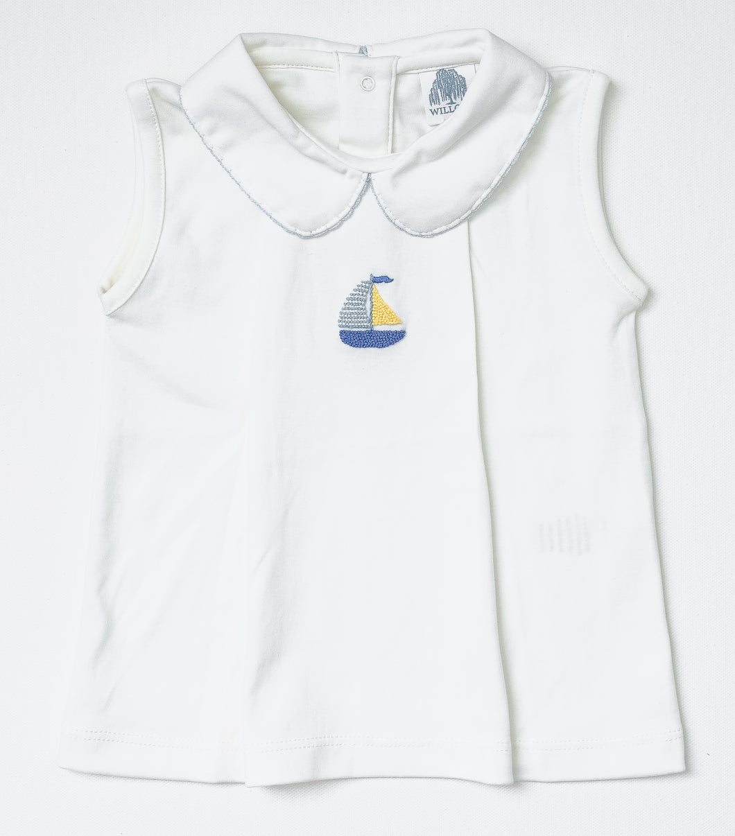 Boy Pleated Hand Embroidered Sleeveless Shirt with Boat