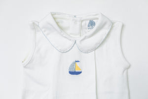 Boy Pleated Hand Embroidered Sleeveless Shirt with Boat